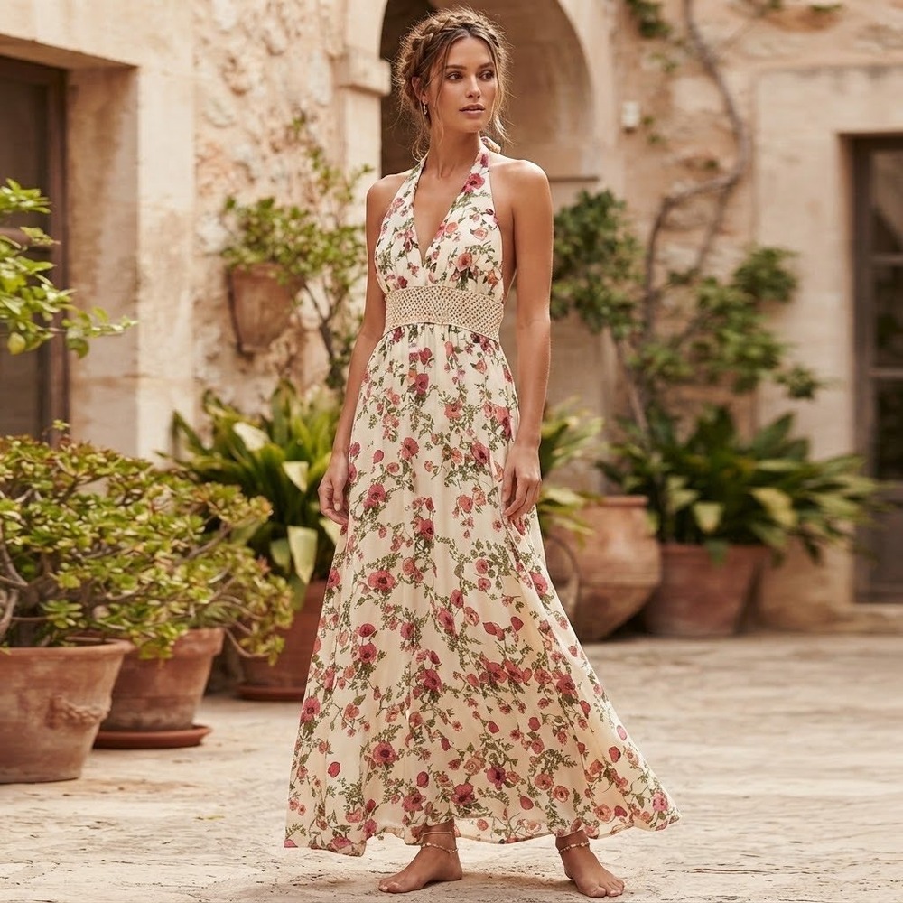 Cottagecore Floral Halter Maxi Dress Cream Pink Crochet Waist Boho Feminine XL